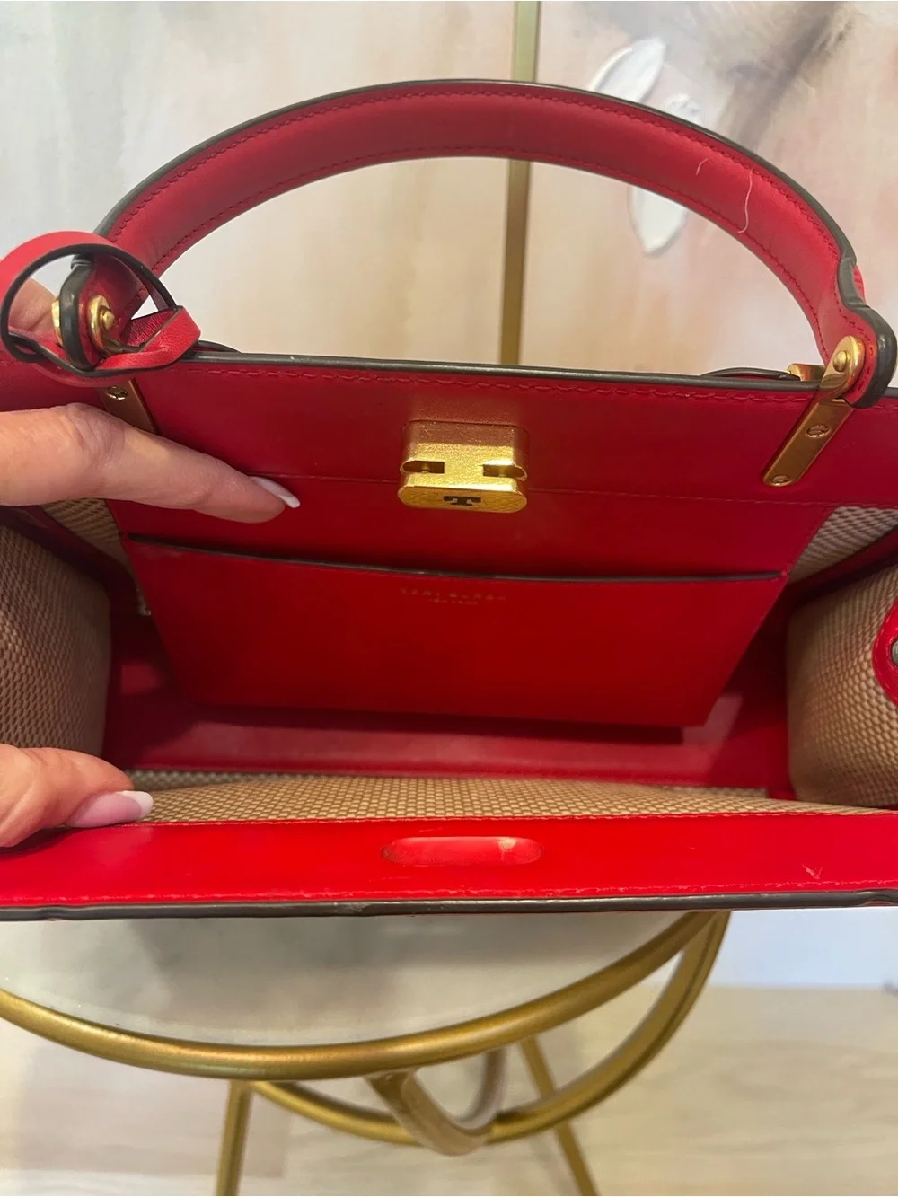 Tory Burch Radziwill Red Leather-Trim Woven Satchel - Picture 7 of 8